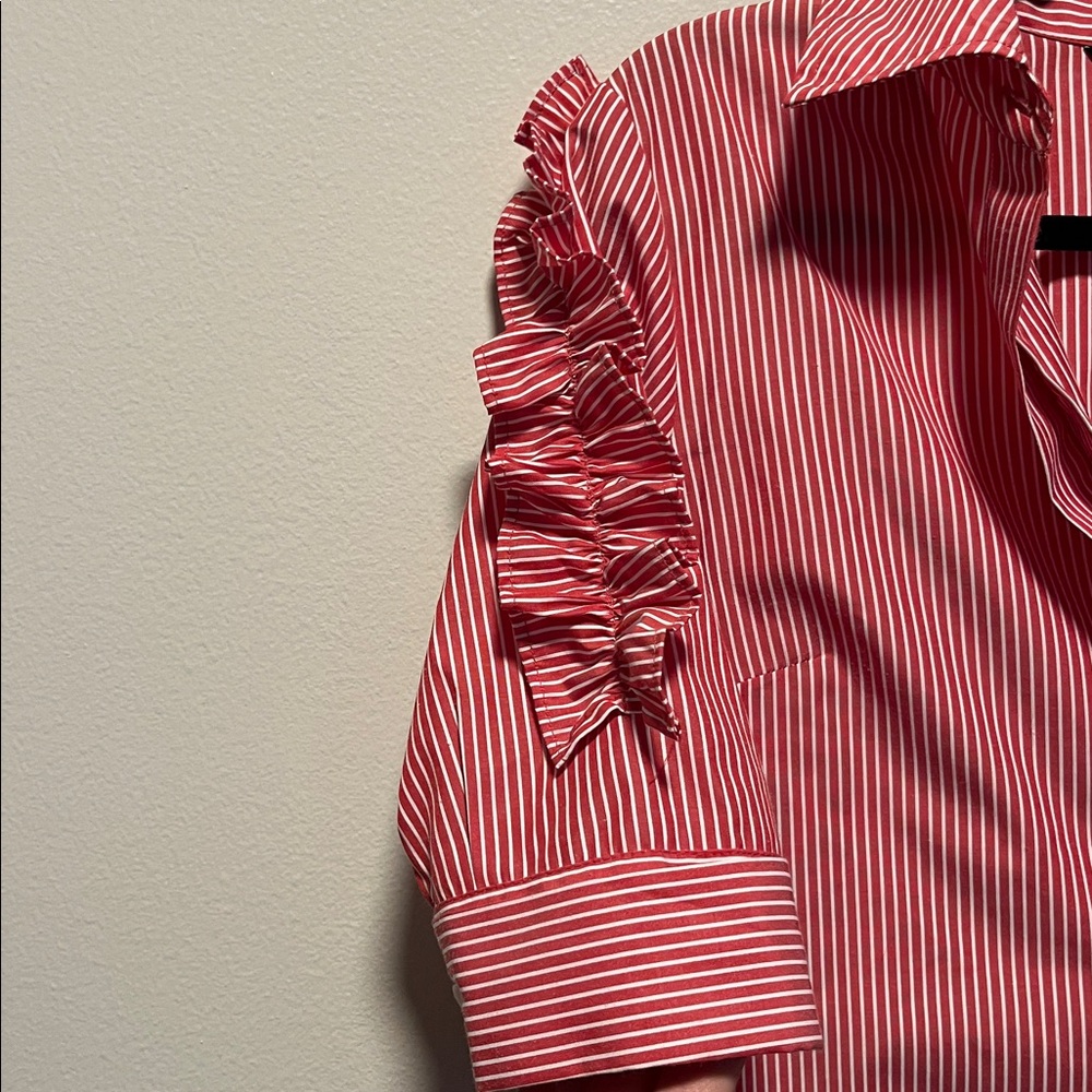 WALTER BAKER Red White Striped Button-Down Short Sleeve Blouse, Ruffle, Size S - Picture 5 of 12